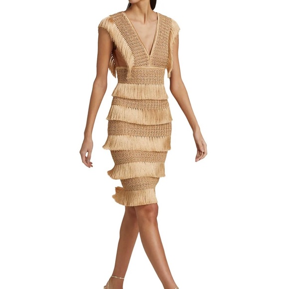 PatBo Fringe Midi Sheath Dress, Gold Almond, size 4. Like New!